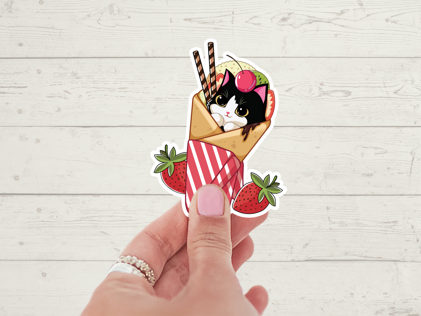 Strawberry Waffle Cat Die Cut Sticker