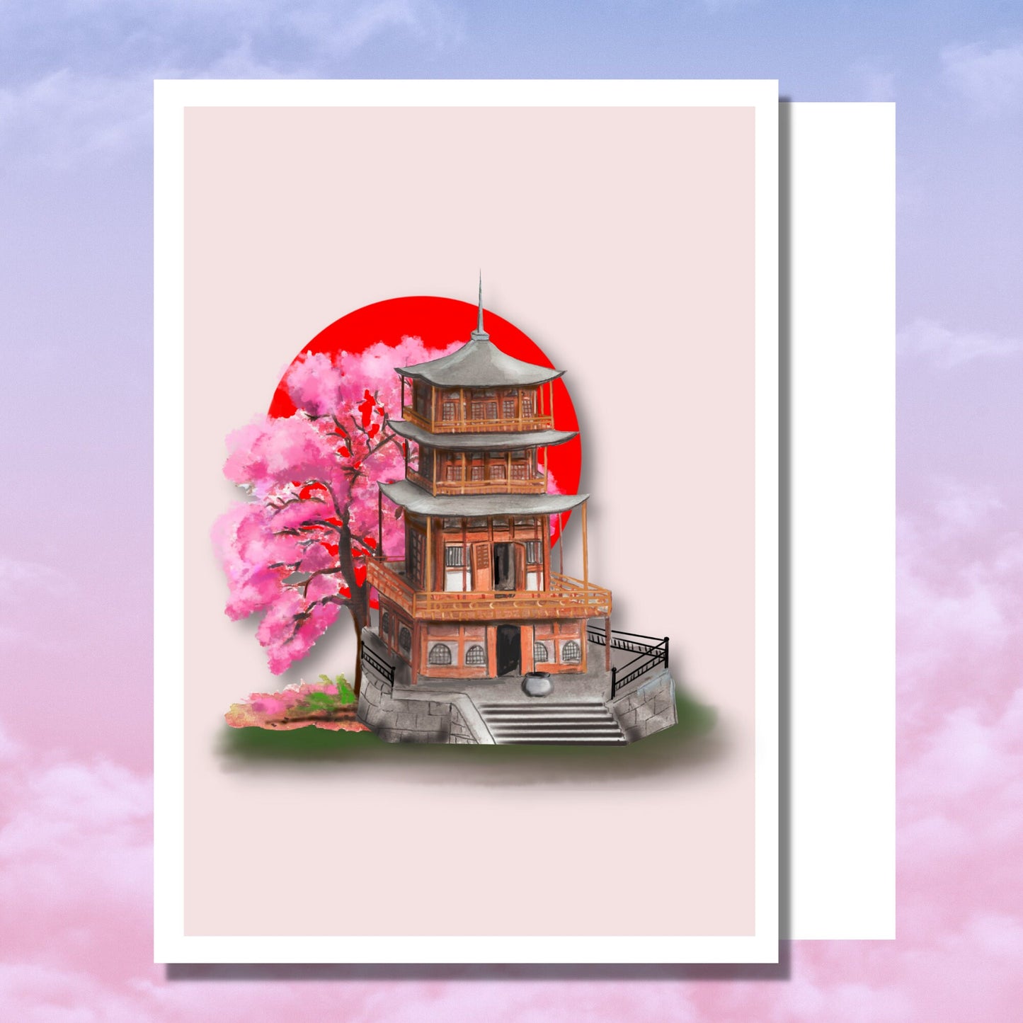 "Rising Sun" Japanese Style Folded Birthday card, Blank Inside, Envelope Included, temple and cherry blossom scenerey
