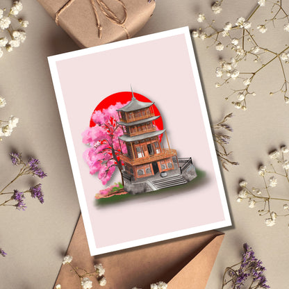 "Rising Sun" Japanese Style Folded Birthday card, Blank Inside, Envelope Included, temple and cherry blossom scenerey