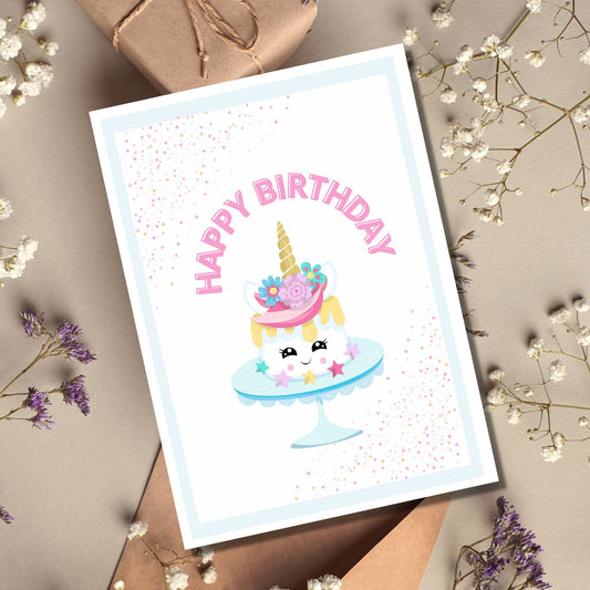Pastel Unicorn Cake Birthday Card With Blank Inside and Envelope Included,