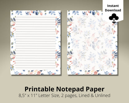 Printable Floral Leaf  Stationery Paper Lined and Unlined